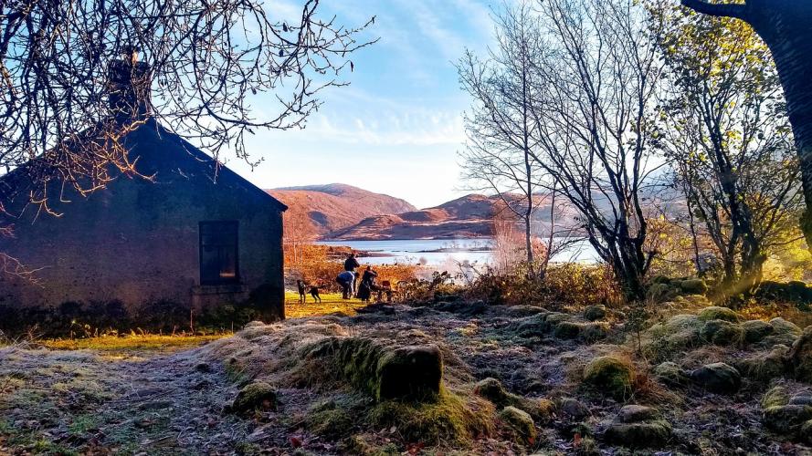 A winter scene with cottage to left and water in background